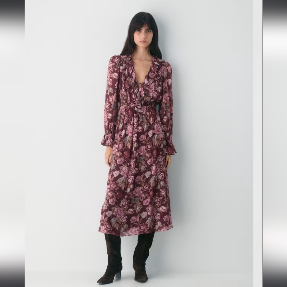 Wilfred Burgundy Floral Ruffled V-Neck Midi Dress